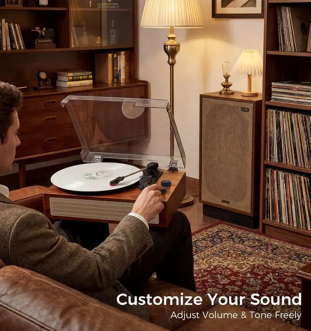 Alt view image 4 of 6 - Walnut Bluetooth Record Player, Vintage 3-Speed Turntable | Warm walnut wood style with Bluetooth, 3-speed playback, stereo speakers, belt-drive design and vintage home decor appeal