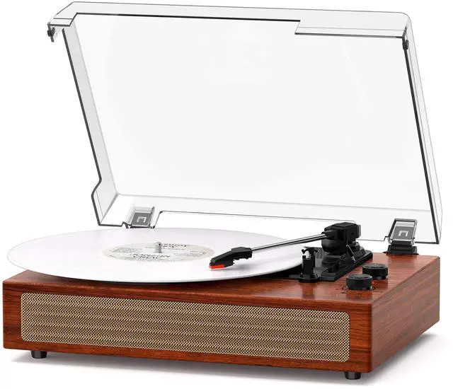 Main image of Walnut Bluetooth Record Player, Vintage 3-Speed Turntable | Warm walnut wood style with Bluetooth, 3-speed playback, stereo speakers, belt-drive design and vintage home decor appeal