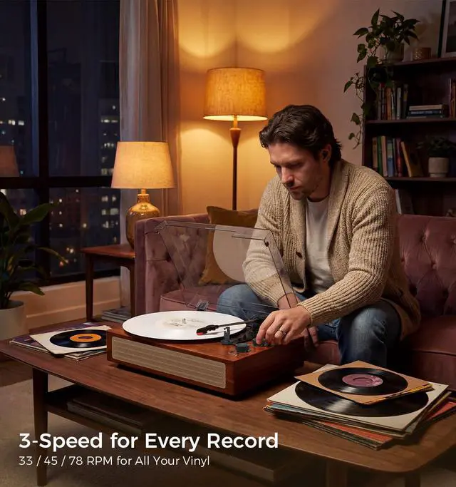 Alt view image 6 of 6 - Walnut Bluetooth Record Player, Vintage 3-Speed Turntable | Warm walnut wood style with Bluetooth, 3-speed playback, stereo speakers, belt-drive design and vintage home decor appeal