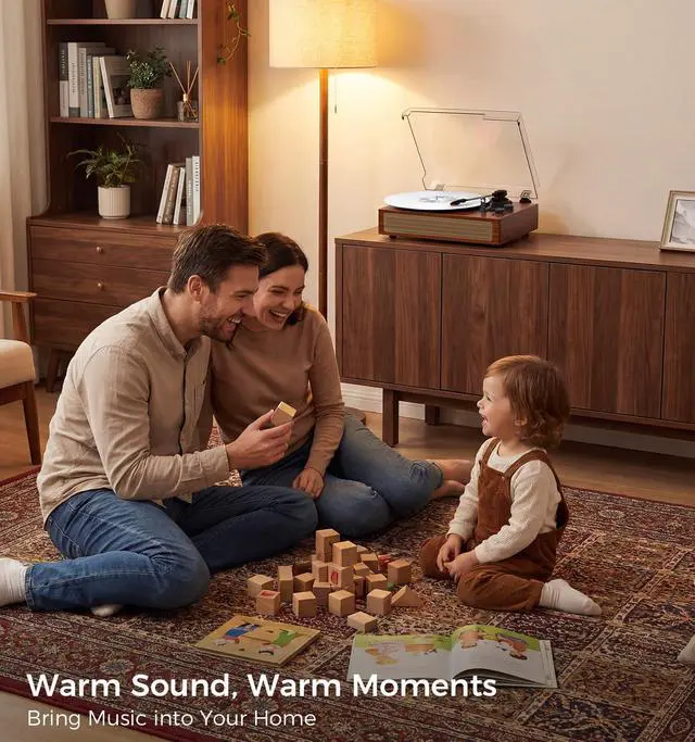Alt view image 2 of 6 - Walnut Bluetooth Record Player, Vintage 3-Speed Turntable | Warm walnut wood style with Bluetooth, 3-speed playback, stereo speakers, belt-drive design and vintage home decor appeal