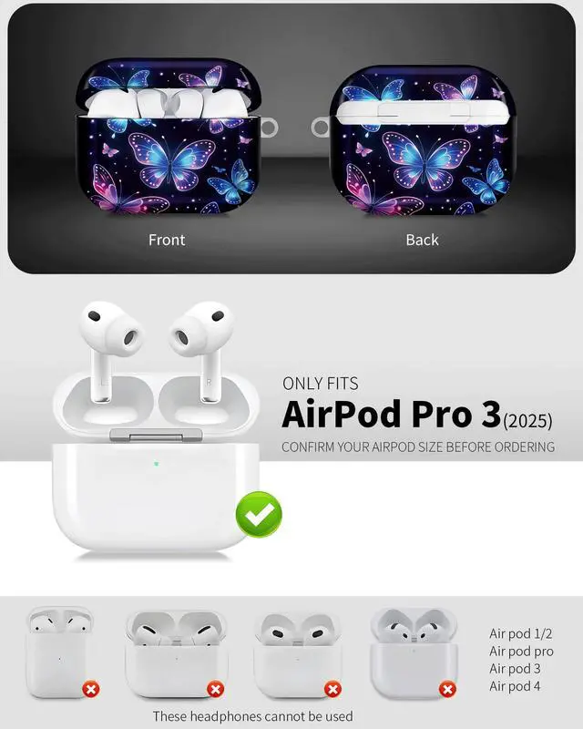 Alt view image 3 of 6 - Compatible with AirPod Pro 3 Case 2025,Shockproof Hard Protective Case,Wireless Charging Compatible, Trendy Elegant Design Cover for Women Men(Glowing Butterflies in Purple and Blue)