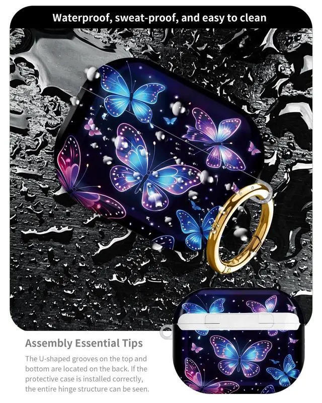 Alt view image 5 of 6 - Compatible with AirPod Pro 3 Case 2025,Shockproof Hard Protective Case,Wireless Charging Compatible, Trendy Elegant Design Cover for Women Men(Glowing Butterflies in Purple and Blue)