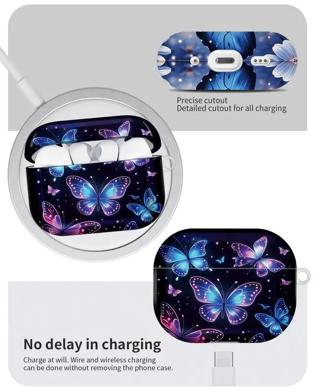 Alt view image 6 of 6 - Compatible with AirPod Pro 3 Case 2025,Shockproof Hard Protective Case,Wireless Charging Compatible, Trendy Elegant Design Cover for Women Men(Glowing Butterflies in Purple and Blue)