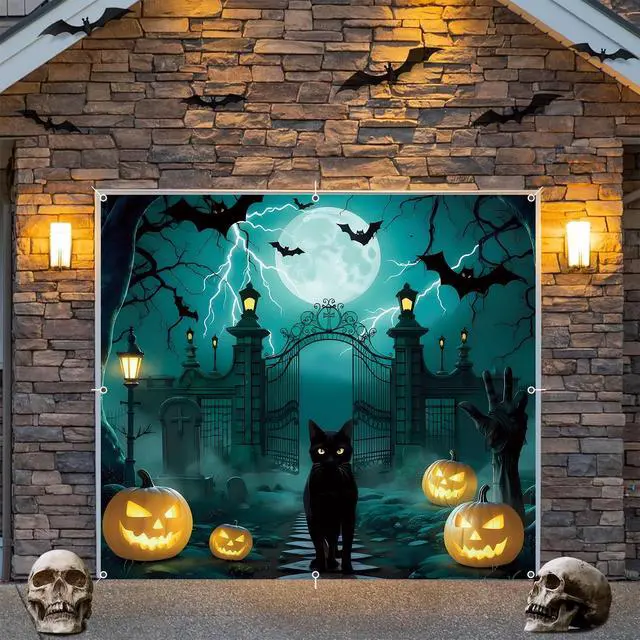 Alt view image 3 of 7 - Halloween Garage Door Cover 7x8ft Large Graveyard Backdrop Banner Pumpkin Skull Cat Single Garage Door Decorations Halloween Holiday Party Photo Background Outdoor