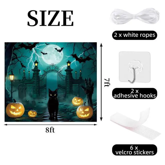 Alt view image 5 of 7 - Halloween Garage Door Cover 7x8ft Large Graveyard Backdrop Banner Pumpkin Skull Cat Single Garage Door Decorations Halloween Holiday Party Photo Background Outdoor