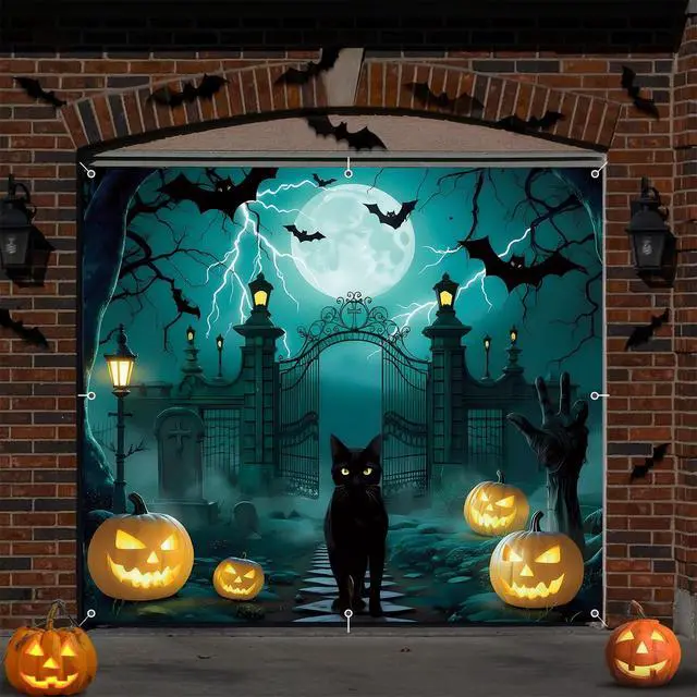Alt view image 4 of 7 - Halloween Garage Door Cover 7x8ft Large Graveyard Backdrop Banner Pumpkin Skull Cat Single Garage Door Decorations Halloween Holiday Party Photo Background Outdoor