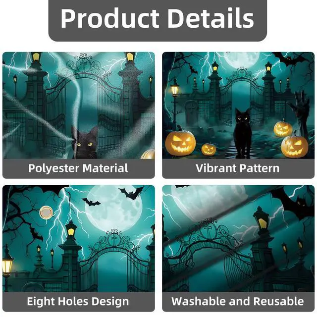 Alt view image 7 of 7 - Halloween Garage Door Cover 7x8ft Large Graveyard Backdrop Banner Pumpkin Skull Cat Single Garage Door Decorations Halloween Holiday Party Photo Background Outdoor
