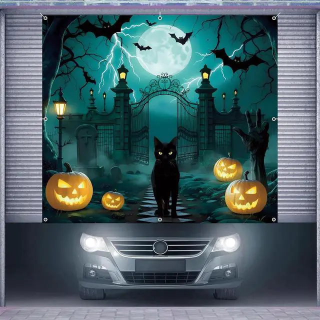 Alt view image 6 of 7 - Halloween Garage Door Cover 7x8ft Large Graveyard Backdrop Banner Pumpkin Skull Cat Single Garage Door Decorations Halloween Holiday Party Photo Background Outdoor