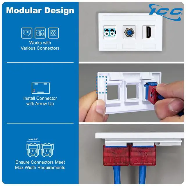 Alt view image 7 of 7 - Modular Furniture Faceplate with 3 Ports (10 Pack), TIA Cutout Compatible, 1-Piece Fixed Design, Keystone Jack Support, Black