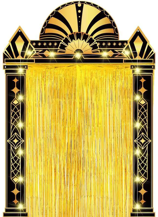 Main image of 6 Pcs 1920s Party Decorations Gold Foil Backdrop Lights | Fringe Curtain Arch Frame, Photo Backdrop, Includes Lights, Black Gold for Awards Night Jazz Age Events