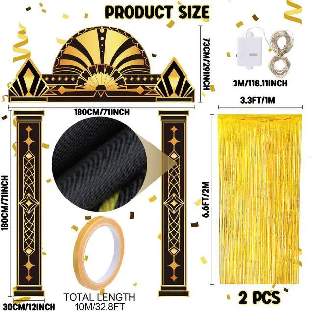 Alt view image 2 of 6 - 6 Pcs 1920s Party Decorations Gold Foil Backdrop Lights | Fringe Curtain Arch Frame, Photo Backdrop, Includes Lights, Black Gold for Awards Night Jazz Age Events