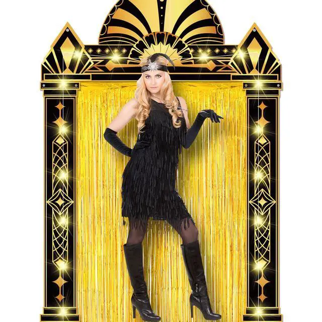 Alt view image 4 of 6 - 6 Pcs 1920s Party Decorations Gold Foil Backdrop Lights | Fringe Curtain Arch Frame, Photo Backdrop, Includes Lights, Black Gold for Awards Night Jazz Age Events