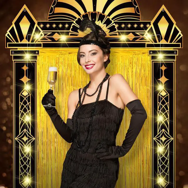 Alt view image 5 of 6 - 6 Pcs 1920s Party Decorations Gold Foil Backdrop Lights | Fringe Curtain Arch Frame, Photo Backdrop, Includes Lights, Black Gold for Awards Night Jazz Age Events