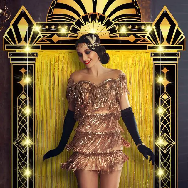 Alt view image 6 of 6 - 6 Pcs 1920s Party Decorations Gold Foil Backdrop Lights | Fringe Curtain Arch Frame, Photo Backdrop, Includes Lights, Black Gold for Awards Night Jazz Age Events