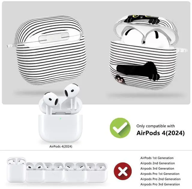 Alt view image 2 of 7 - Cute Cartoon Cat Pattern Compatible with AirPods 4 Case 2024 (Black) | Hard TPU Case for AirPods 4th Generation with Trendy Keychain Ring and Cleaning Kit for Girls Women