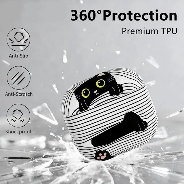 Alt view image 3 of 7 - Cute Cartoon Cat Pattern Compatible with AirPods 4 Case 2024 (Black) | Hard TPU Case for AirPods 4th Generation with Trendy Keychain Ring and Cleaning Kit for Girls Women
