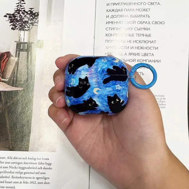 Alt view image 6 of 7 - Cute Cartoon Cat Pattern Compatible with AirPods 4 Case 2024 (Blue) | Hard TPU Case for AirPods 4th Generation with Trendy Keychain Ring and Cleaning Kit for Girls Women