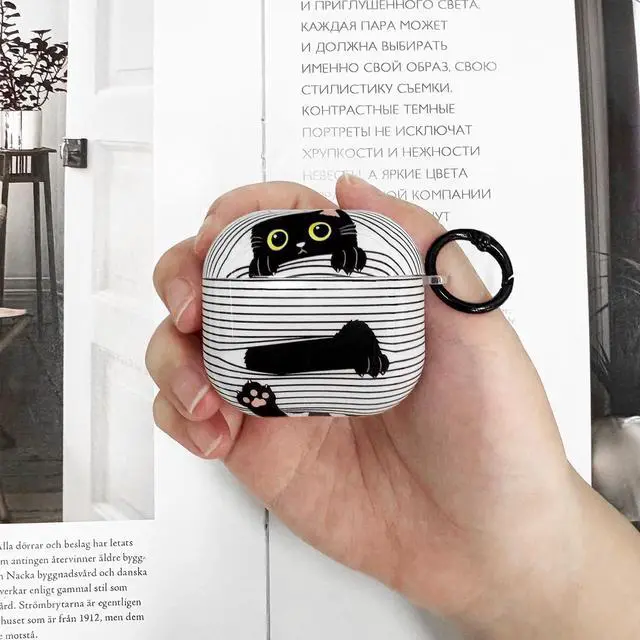 Alt view image 6 of 7 - Cute Cartoon Cat Pattern Compatible with AirPods 4 Case 2024 (Black) | Hard TPU Case for AirPods 4th Generation with Trendy Keychain Ring and Cleaning Kit for Girls Women