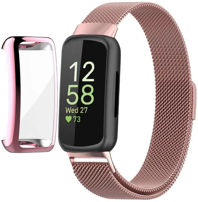 Main image of Compatible for Fitbit Inspire 3 Bands with Case, Metal Braided Strap Magnetic Clasp, Stainless Steel Mesh, Soft TPU Bumper Cover for Men Women