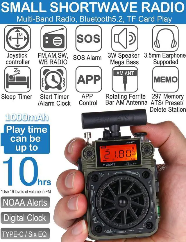 Alt view image 2 of 7 - AM FM Shortwave Radio with Bluetooth and NOAA Alert, Small Rechargeable Radios with APP Control, Bass, SOS Alarm, Preset, T-Type Antenna, Emergency w/ 9.9 Ft Wire Antenna for Camping ZWS-777