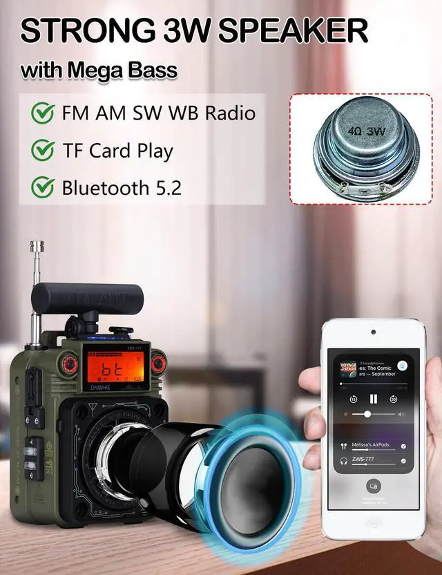 Alt view image 5 of 7 - AM FM Shortwave Radio with Bluetooth and NOAA Alert, Small Rechargeable Radios with APP Control, Bass, SOS Alarm, Preset, T-Type Antenna, Emergency w/ 9.9 Ft Wire Antenna for Camping ZWS-777