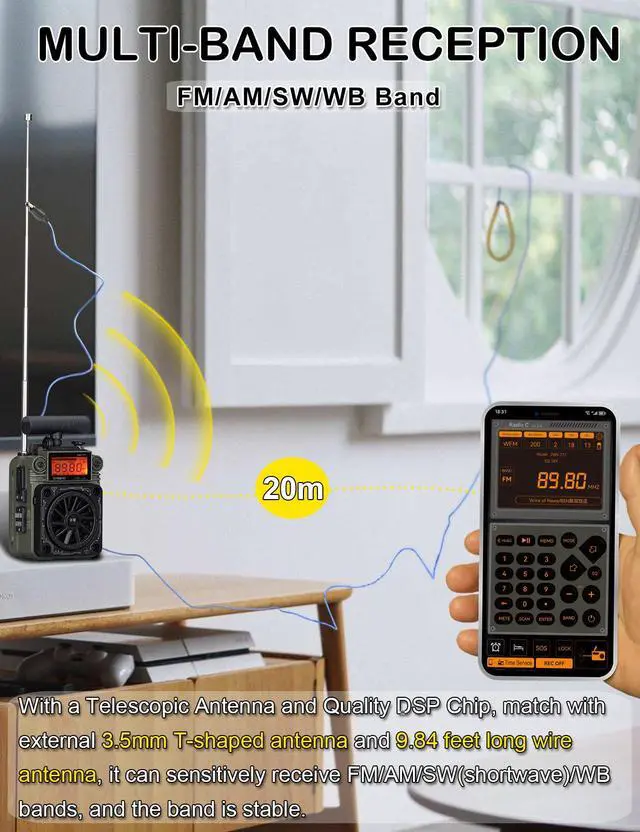 Alt view image 4 of 7 - AM FM Shortwave Radio with Bluetooth and NOAA Alert, Small Rechargeable Radios with APP Control, Bass, SOS Alarm, Preset, T-Type Antenna, Emergency w/ 9.9 Ft Wire Antenna for Camping ZWS-777