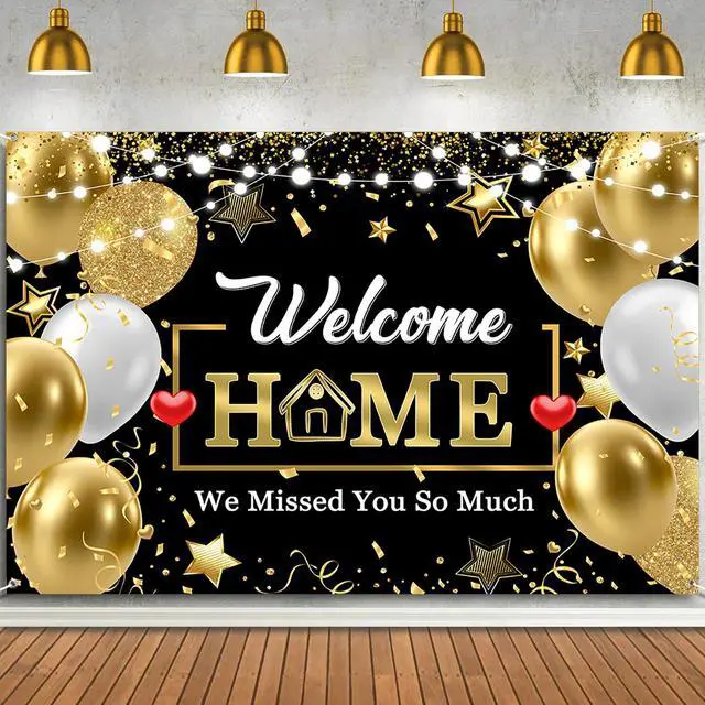 Main image of Welcome Home Banner Backdrop Decorations,Black Gold Welcome Back We Missed You So Much Banner Sign Background for Family Reunion Graduate Military Return Homecoming Party Decor Photo Booth Props 7x5ft