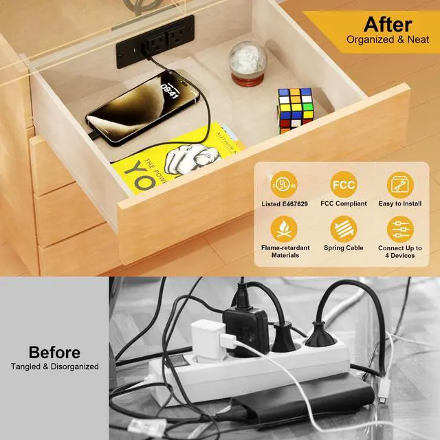 Alt view image 5 of 6 - Drawer Outlet Kit, Recessed Drawer Socket with 4 Power Outlets | Clutter-Free Power Strip, 2 12 Amp AC Ports USB-A USB-C, 6.9FT Spring Power Cord, UL Listed