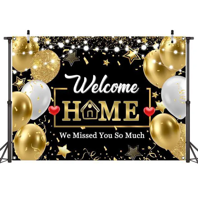 Alt view image 2 of 7 - Welcome Home Banner Backdrop Decorations,Black Gold Welcome Back We Missed You So Much Banner Sign Background for Family Reunion Graduate Military Return Homecoming Party Decor Photo Booth Props 7x5ft
