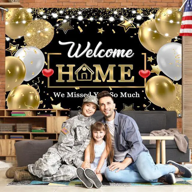 Alt view image 3 of 7 - Welcome Home Banner Backdrop Decorations,Black Gold Welcome Back We Missed You So Much Banner Sign Background for Family Reunion Graduate Military Return Homecoming Party Decor Photo Booth Props 7x5ft