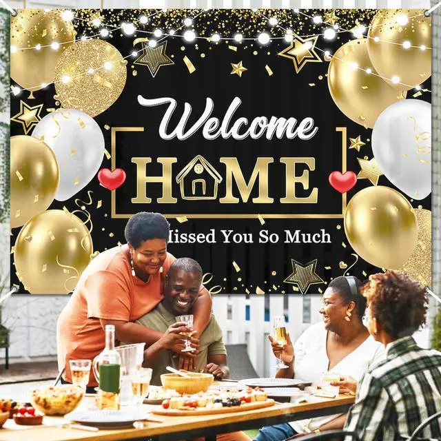 Alt view image 4 of 7 - Welcome Home Banner Backdrop Decorations,Black Gold Welcome Back We Missed You So Much Banner Sign Background for Family Reunion Graduate Military Return Homecoming Party Decor Photo Booth Props 7x5ft