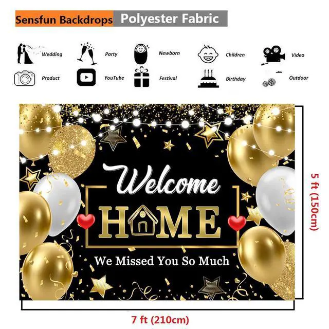 Alt view image 5 of 7 - Welcome Home Banner Backdrop Decorations,Black Gold Welcome Back We Missed You So Much Banner Sign Background for Family Reunion Graduate Military Return Homecoming Party Decor Photo Booth Props 7x5ft