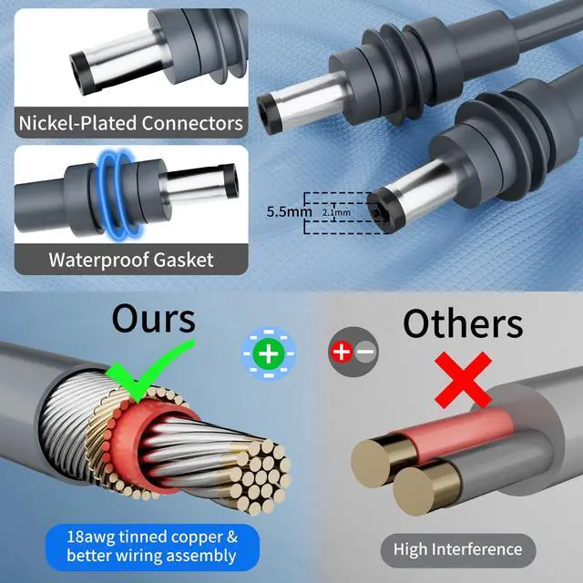 Alt view image 2 of 7 - Starlink Mini DC Power Cable 10 Ft, 18AWG Replacement Extension DC5521 Male to Male Charging Power Cord, Tinned Copper, Waterproof, UV-Resistant, Nickel-Plated Connector for Outdoor Use-Gray+ Ties