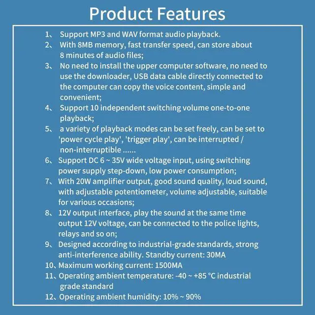 Alt view image 6 of 6 - Voice Playback Module, Y5610 Voice Sound Alarm,Sound Players, Entry Switching Serial Multi Trigger High/Low Level Control Announcer Outdoor Horns Sirens for Schools, Gyms Other Public Places
