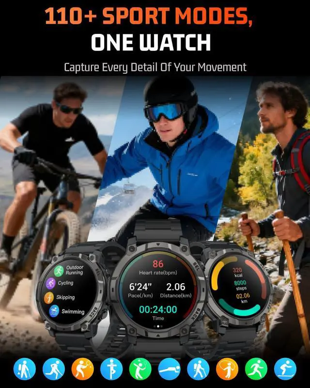 Alt view image 6 of 6 - Mens Smart Watch - Bluetooth Calling, IP68, 24/7 Sleep Monitor, Fitness Step Tracker, 110 Sports Modes, for Android iOS (Jet Black, 1.51)