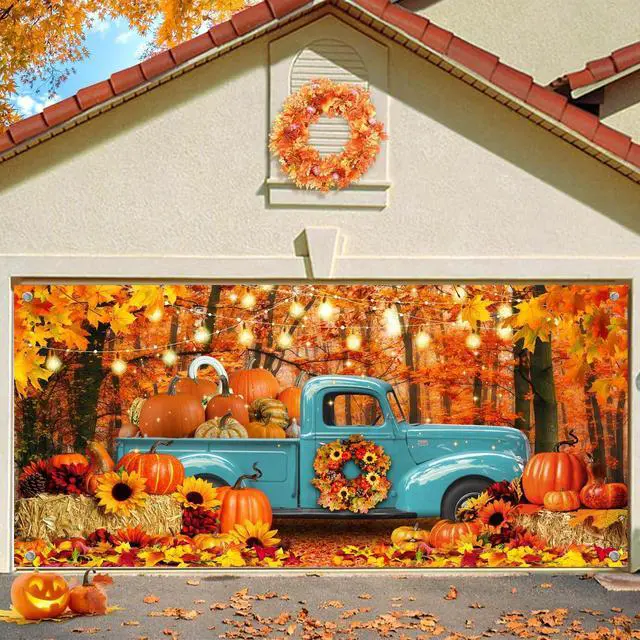 Alt view image 2 of 6 - 7X8ft Fall Truck Garage Door Background Autumn Thanksgiving Pumpkin Harvest Maple Leaves Forest Sunflower Decorations Backdrop Hay Maple Leaves Baby Shower Indoor Outdoor Decor Banner Cover