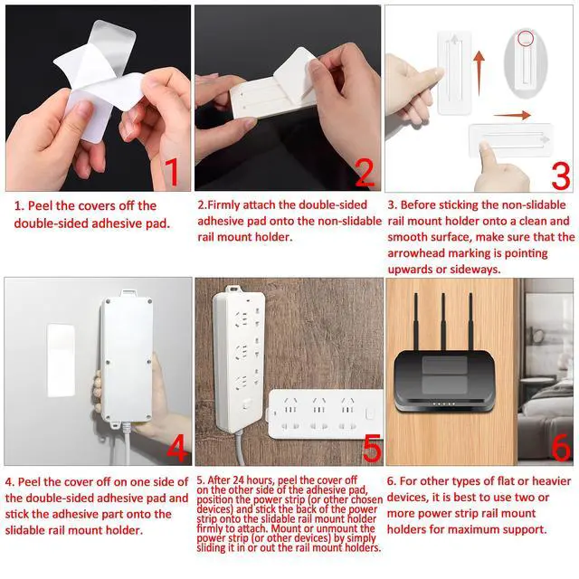 Alt view image 3 of 7 - Self Adhesive Power Strip Holder 10 Pack - No Drill Extension Block Wall Mount Fixator - Easy to Install Sliding Design - for Home, Kitchen, Office - Attaches to Wood, Plastic, Metal, Ceramic