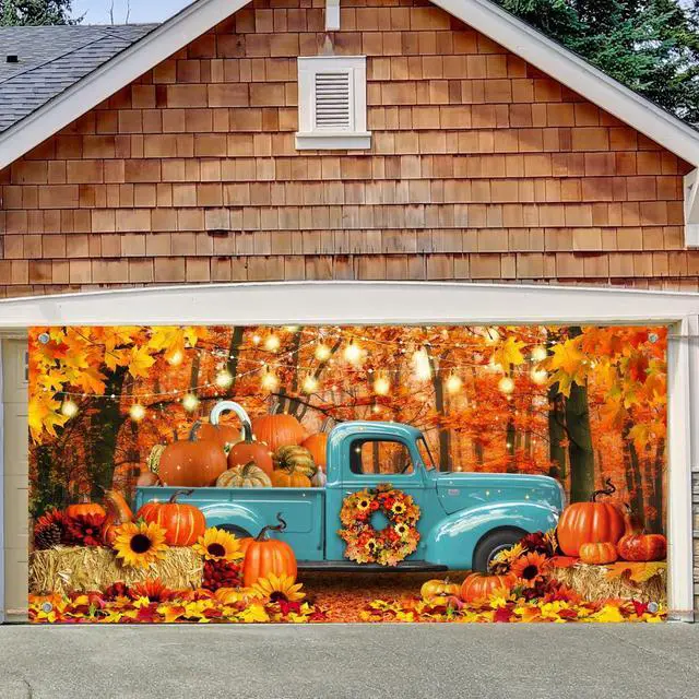 Alt view image 3 of 6 - 7X8ft Fall Truck Garage Door Background Autumn Thanksgiving Pumpkin Harvest Maple Leaves Forest Sunflower Decorations Backdrop Hay Maple Leaves Baby Shower Indoor Outdoor Decor Banner Cover