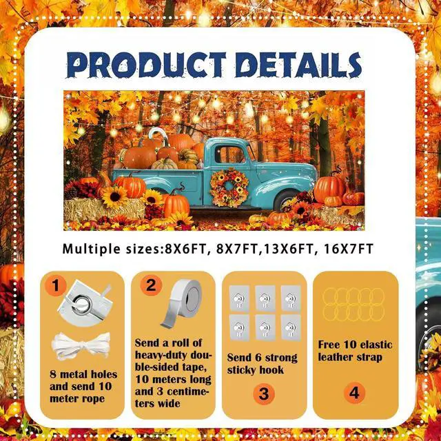 Alt view image 6 of 6 - 7X8ft Fall Truck Garage Door Background Autumn Thanksgiving Pumpkin Harvest Maple Leaves Forest Sunflower Decorations Backdrop Hay Maple Leaves Baby Shower Indoor Outdoor Decor Banner Cover