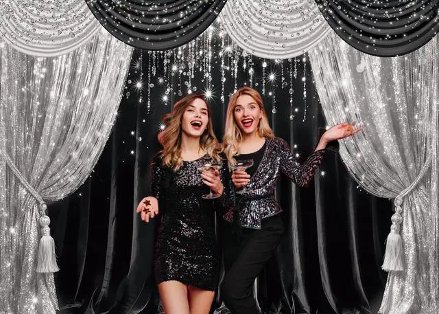 Alt view image 3 of 5 - Black Silver Curtain Glitter Spots Theater Stage Backdrop 8x6ft | Black Silver Bokeh VIP Birthday Wedding Graduation Carnival Party Decor Banner Photo Booth Props,Vinyl