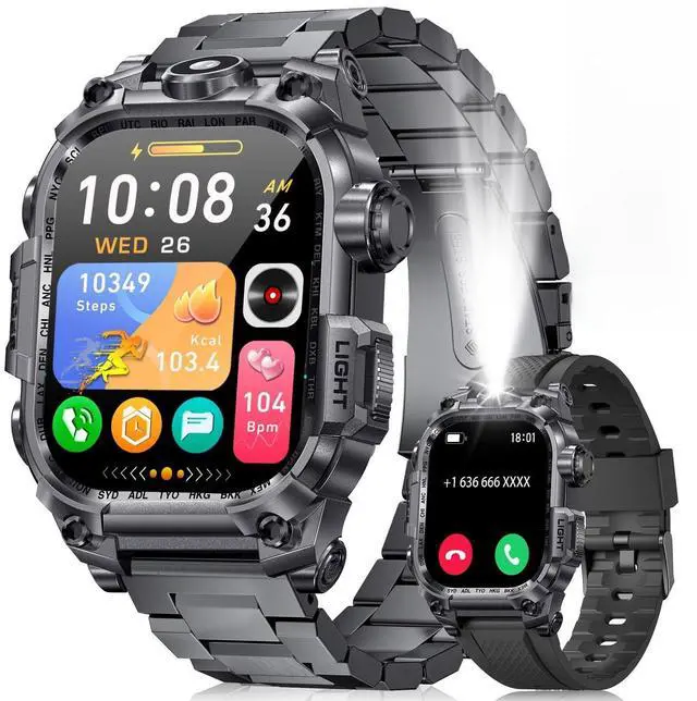 Main image of Men's Military Smart Watch (Answer/Make Calls) 2 Inch HD Screen Outdoor Sport Smartwatch with LED Flashlight 700mAh Battery,Heart Rate/Sleep Monitor Fitness,Green (Gray)