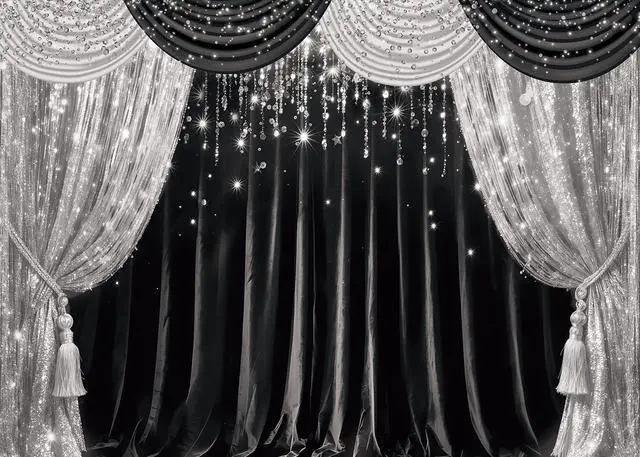 Alt view image 5 of 5 - Black Silver Curtain Glitter Spots Theater Stage Backdrop 8x6ft | Black Silver Bokeh VIP Birthday Wedding Graduation Carnival Party Decor Banner Photo Booth Props,Vinyl