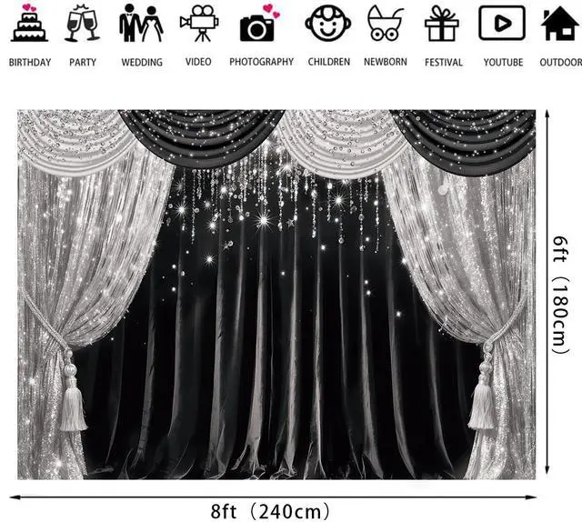 Alt view image 2 of 5 - Black Silver Curtain Glitter Spots Theater Stage Backdrop 8x6ft | Black Silver Bokeh VIP Birthday Wedding Graduation Carnival Party Decor Banner Photo Booth Props,Vinyl