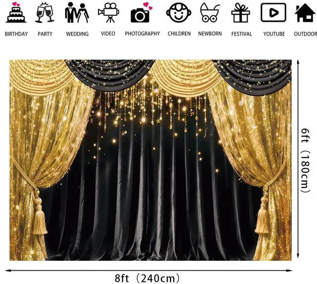 Alt view image 2 of 5 - Black Gold Curtain Glitter Spots Theater Stage Backdrop 8x6ft | Black Gold Bokeh VIP Birthday Wedding Graduation Carnival Party Decor Banner Photo Booth Props,Vinyl