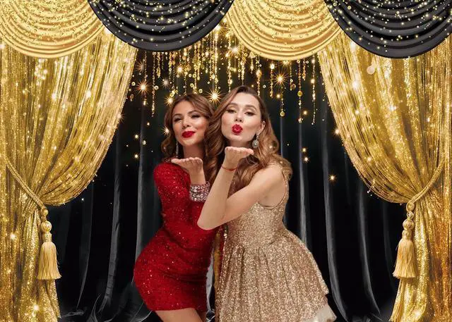 Alt view image 3 of 5 - Black Gold Curtain Glitter Spots Theater Stage Backdrop 8x6ft | Black Gold Bokeh VIP Birthday Wedding Graduation Carnival Party Decor Banner Photo Booth Props,Vinyl