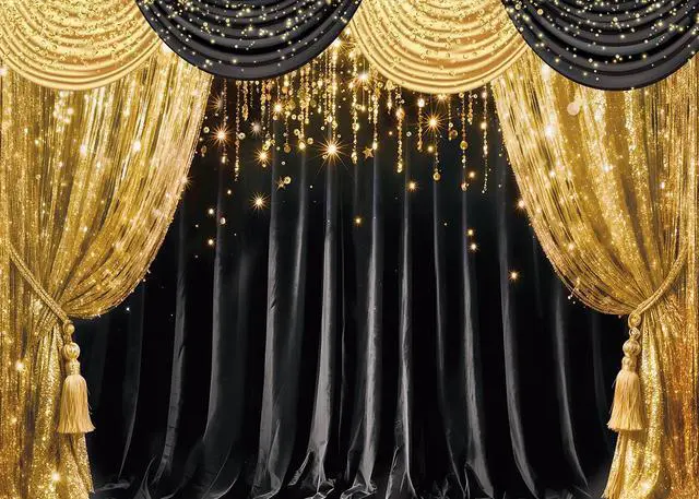 Alt view image 5 of 5 - Black Gold Curtain Glitter Spots Theater Stage Backdrop 8x6ft | Black Gold Bokeh VIP Birthday Wedding Graduation Carnival Party Decor Banner Photo Booth Props,Vinyl