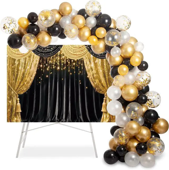Alt view image 4 of 5 - Black Gold Curtain Glitter Spots Theater Stage Backdrop 8x6ft | Black Gold Bokeh VIP Birthday Wedding Graduation Carnival Party Decor Banner Photo Booth Props,Vinyl