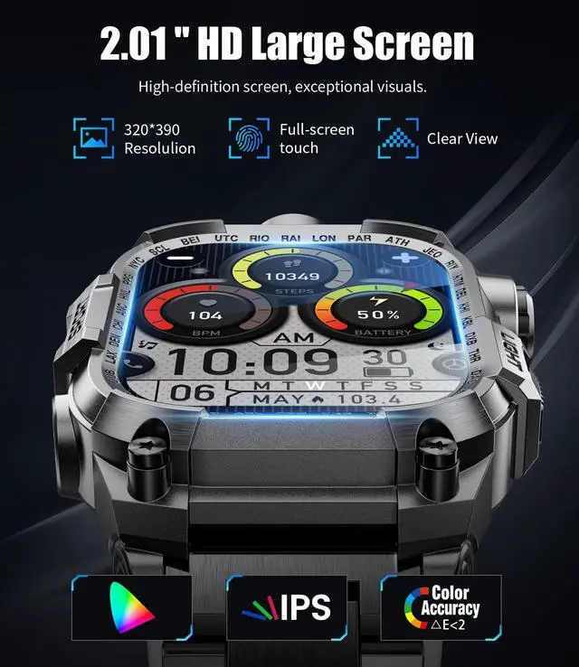 Alt view image 2 of 6 - Men's Military Smart Watch (Answer/Make Calls) 2 Inch HD Screen Outdoor Sport Smartwatch with LED Flashlight 700mAh Battery,Heart Rate/Sleep Monitor Fitness,Green (Gray)
