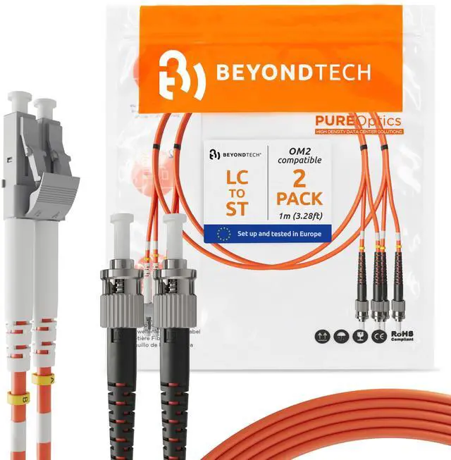 Main image of 1m (3.28ft) LC to ST Fiber Patch Cable (2-Pack) UPC Multimode Duplex Fiber Optic Cable 50/125µm core, Compatible with OM2 LSZH PUREOptics Series