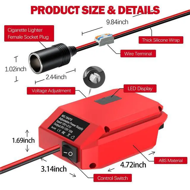 Alt view image 6 of 7 - 18V to12V Step Down Converter for Milwaukee M-18 Battery,DC Voltage Battery Power Adapter,Cigarette Lighter Adapter Perfect for upgrading Power Tools, LED Strip Lights,Robotics DIY Projects